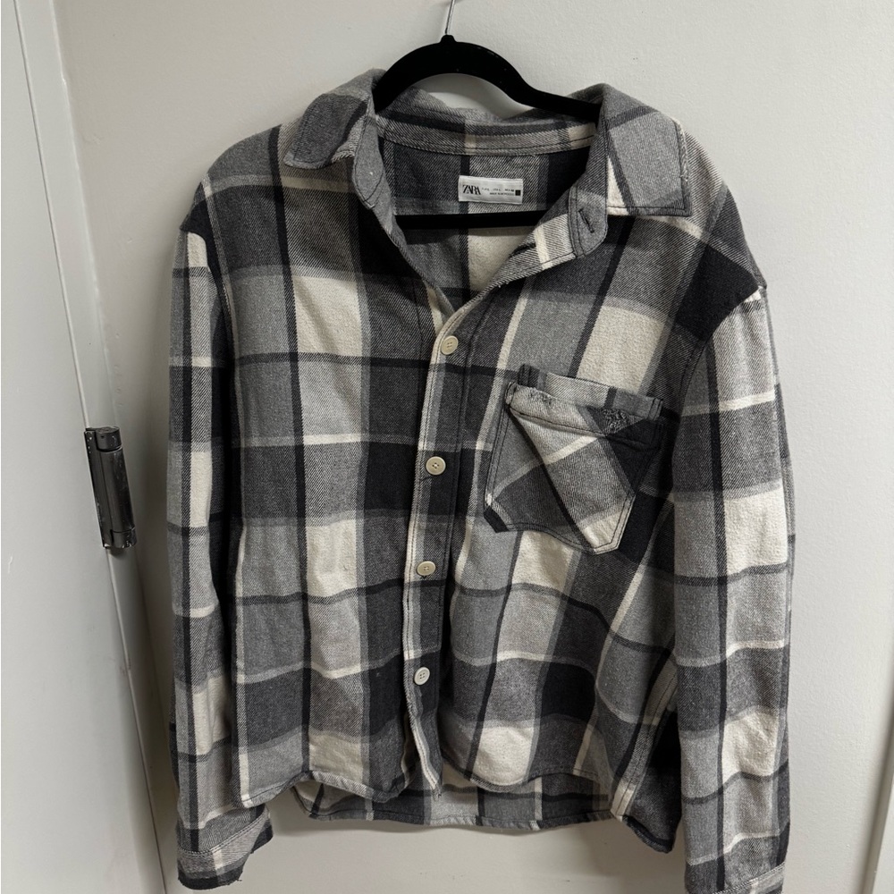 Zara Men’s Black & Gray Plaid Button-Up Shirt Jacket
